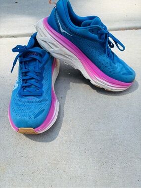 Hoka Bondi One One Women's Blue Running Shoes with Pink Midsole size 8B
